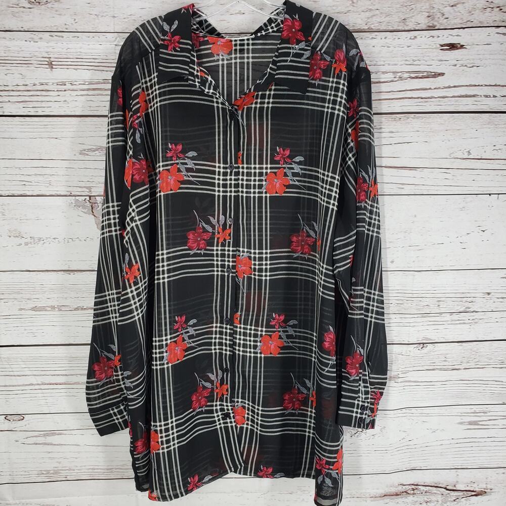 CW Classics Women's Black Sheer Floral Long Sleeve Top Size 5X